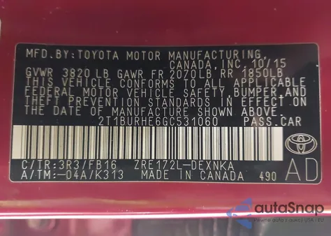 2016 Toyota Corolla Le from USA, damaged, VIN 2T1BURHE6GC531060